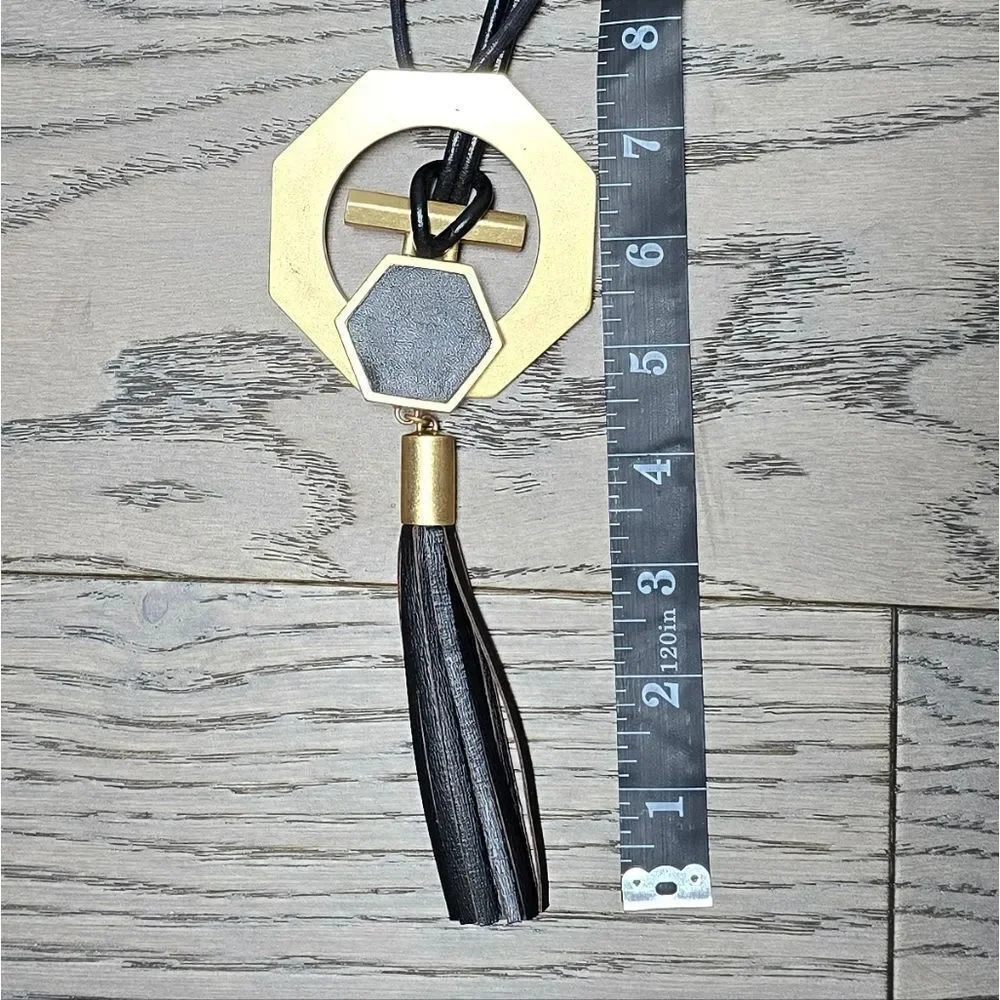 Brooks Brothers Hexagonal Black Leather & Gold Large Statement Necklace Pair